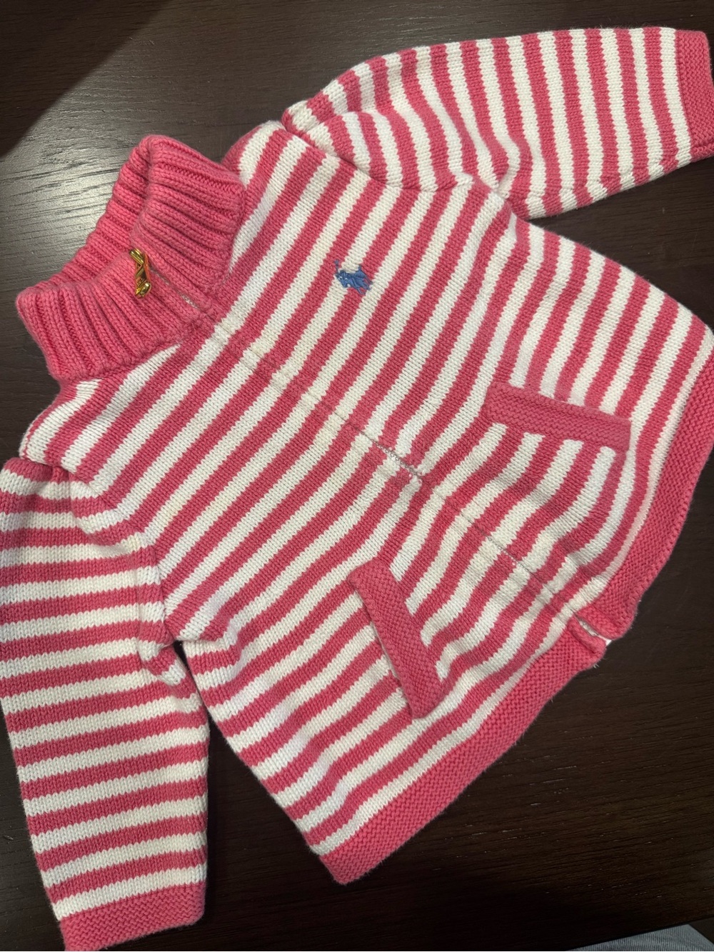 Polo Ralph Lauren Baby Striped Pink & White Knit Zip Up Sweater 6 Months Gold